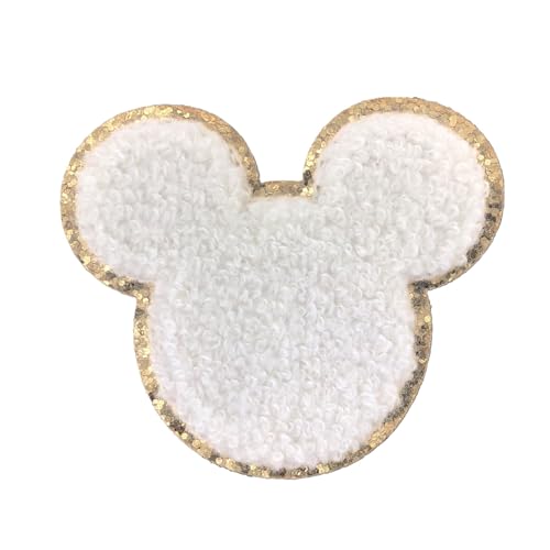 Goldene Glitzer- und weiße Chenille-Varsity-Initialen-Aufnäher, selbstklebender Aufkleber zum Aufbügeln, 5,7 cm Höhe (Mickey) von ZOOX