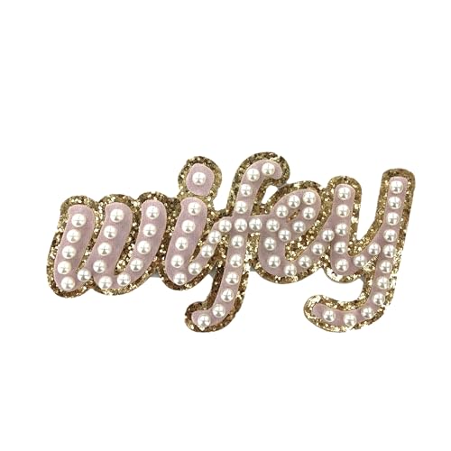 ZOOX Goldener Glitzer und rosa Chenille mit elfenbeinfarbenen Perlen, Patch, Stickerei, 5,7 cm Höhe, 3M-Kleber zum Aufkleben, Aufnähen (Wifey) von ZOOX