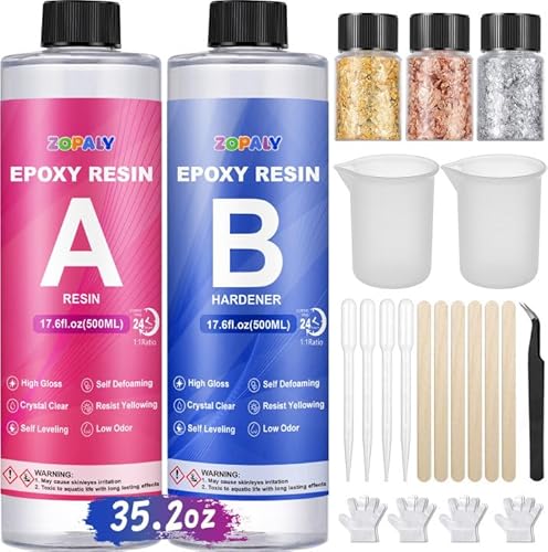 ZOPALY Epoxidharz Set 1000ml/35.2oz, Epoxidharz mit Härter 1: 1 Verhältnis Glasklar Geruchsarm Kunstharz Gießen, Epoxy Resin Gießharz für Holz, Schmuckherstellung, Kunst Handwerk von ZOPALY