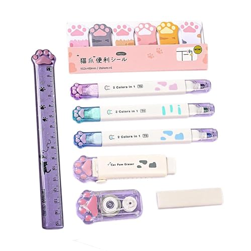 ZORESCOLEO Cats Paws Schreibwaren-Set mit Stifteetui, Lineal, Textmarker, Stift, einziehbarer Radiergummi, weißes Korrekturband, kleine Notizen von ZORESCOLEO