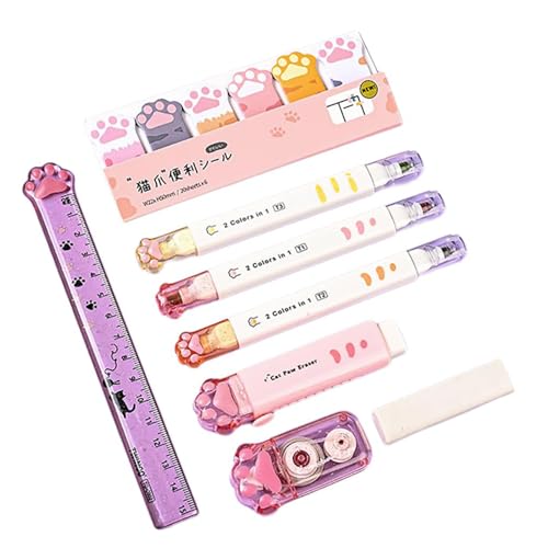 ZORESCOLEO Cats Paws Schreibwaren-Set mit Stifteetui, Lineal, Textmarker, Stift, einziehbarer Radiergummi, weißes Korrekturband, kleine Notizen von ZORESCOLEO