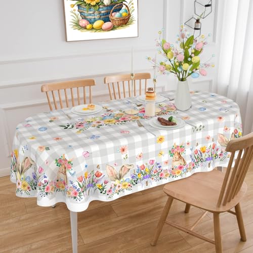 ZORKET Ovale Oster-Tischdecke, 132 x 178 cm, Frühlingsblumen-Häschen, Büffel, kariert, Ostern, ovale Tischdecke, Dekoration für Dinner-Party, Picknick von ZORKET