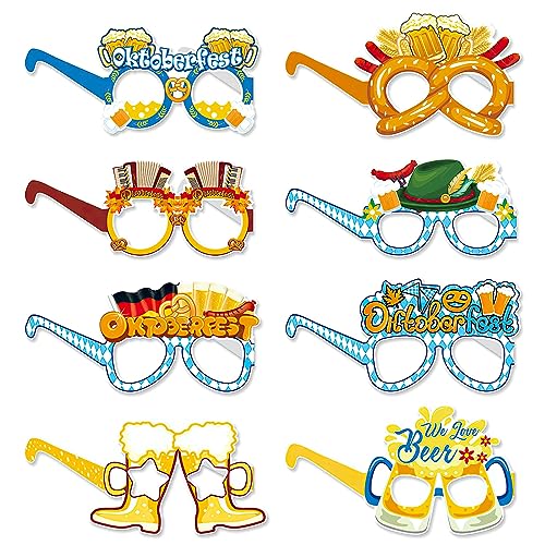 ZOSONET Oktoberfest Fotobox 8 Stück Oktoberfest Party Brille, Fotobox Accessoires Oktoberfest, Oktoberfest Party Deko, Lustig Papier Brillen Bier Brezel Bayrische Party Mix für Kinder Erwachsene von ZOSONET