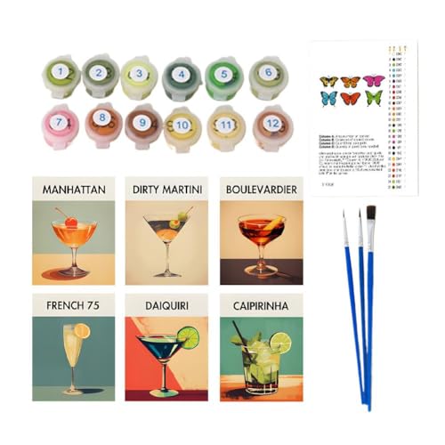 ZOUBAOQ 6-teiliges Retro-Cocktail-Malen-nach-Zahlen-Set, Malset für Anfänger auf transparenter Leinwand, DIY-Ölgemälde-Set mit Pinsel und Acrylfarben, einfaches Malen nach Zahlen, Basteln von ZOUBAOQ