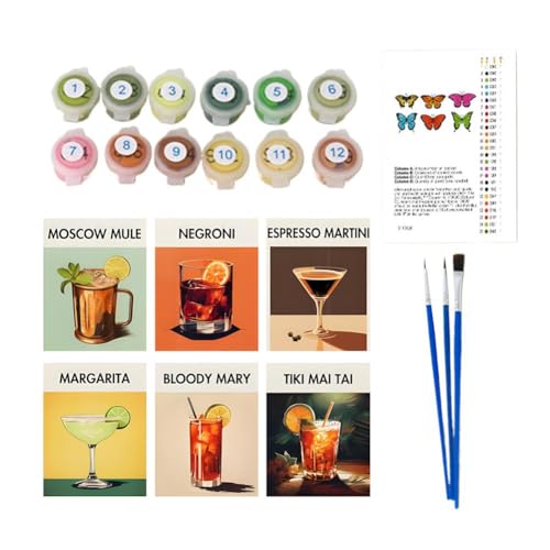 ZOUBAOQ 6-teiliges Retro-Cocktail-Malen-nach-Zahlen-Set, Malset für Anfänger auf transparenter Leinwand, DIY-Ölgemälde-Set mit Pinsel und Acrylfarben, einfaches Malen nach Zahlen, Basteln von ZOUBAOQ