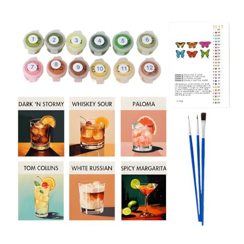 ZOUBAOQ 6-teiliges Retro-Cocktail-Malen-nach-Zahlen-Set, Malset für Anfänger auf transparenter Leinwand, DIY-Ölgemälde-Set mit Pinsel und Acrylfarben, einfaches Malen nach Zahlen, Basteln von ZOUBAOQ