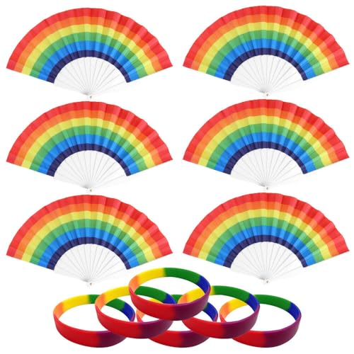 ZOYDP 12 Stück Fächer Regenbogen Set, 6 Regenbogen Fächer und 6 Regenbogen Armband Gummi, Regenbogenfächer, Pride Fächer für Pride Month Party, Musik Festival, Tanz Performance von ZOYDP