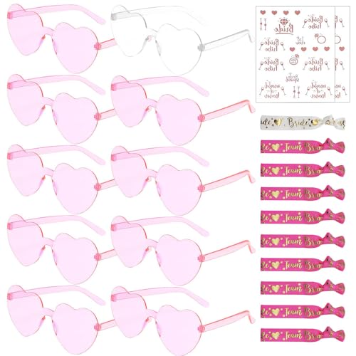 ZOYDP 22 Stück JGA Brille Team Braut Armbänder, Team Bride Armbänder, 10 JGA Brille Herz, 10 JGA Armbänder Frauen, 2 JGA Tattoo Team Bride, JGA Accessoires Frauen für Braut to be und Team Bride von ZOYDP