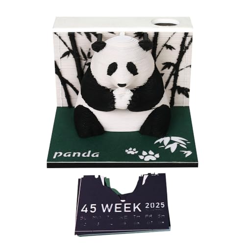 ZOYDP 3D Kalender Abreißen 2025, 3D Calendar 2025 Panda, 3D Notizblock mit Glasklarem Anzeigebox, Stifthalter, Abreißkalender 3D, Papier Schnitzen Geschenk, Tischdeco, 8x8x6cm von ZOYDP