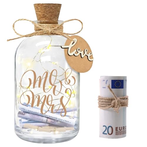 ZOYDP Geldgeschenke Hochzeit, LED Flaschenlicht Hochzeit, Geldgeschenke Verpackung Hochzeit mit Lichterkette für Flaschen warmweiß, Personalisierte Geschenke Hochzeit für Brautpaar, Mr und Mrs von ZOYDP