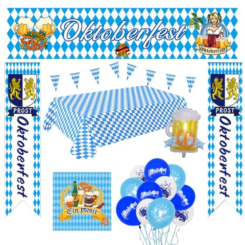 ZOYDP Oktoberfest Deko Set, Bayrische Deko mit 3 Banner, Wimpelkette, Tischdecke, 15 Luftballons + 1 XXL Luftballons, 20 Servietten, Oktoberfest Dekoration, Oktoberfestdek für Indoor Outdoor Party von ZOYDP