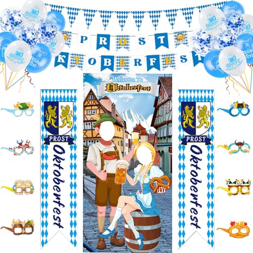 ZOYDP Oktoberfest Deko Set, Bayrische Deko mit Oktoberfest Fotowand, 2 Banner, Girlande Fahne, 18 Luftballons, 8 Fotorequisiten, Oktoberfest Dekoration, Deko Oktoberfest Party Indoor Outdoor von ZOYDP