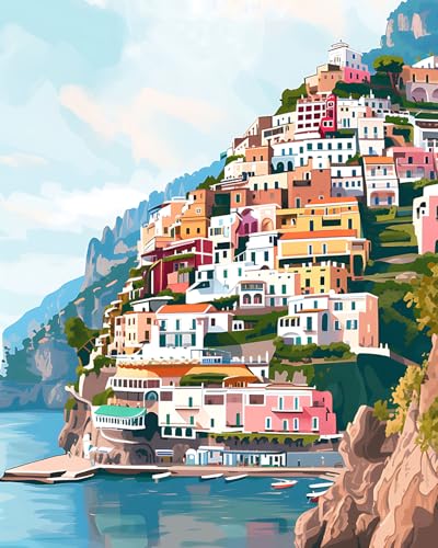 Amalfi Landschaft Malen-nach-Zahlen Sets für moderne Erwachsene DIY Italien Küstenstadt Malerei Kunstwerk 16x20 Zoll Malen nach Zahlen für Männer und Frauen Heim Wandkunst Dekoration von ZOZHI