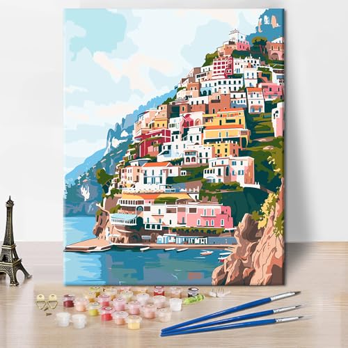 Amalfi Landschaft Malen-nach-Zahlen Sets für moderne Erwachsene DIY Italien Küstenstadt Malerei Kunstwerk 16x20 Zoll Malen nach Zahlen für Männer und Frauen Heim Wandkunst Dekoration von ZOZHI