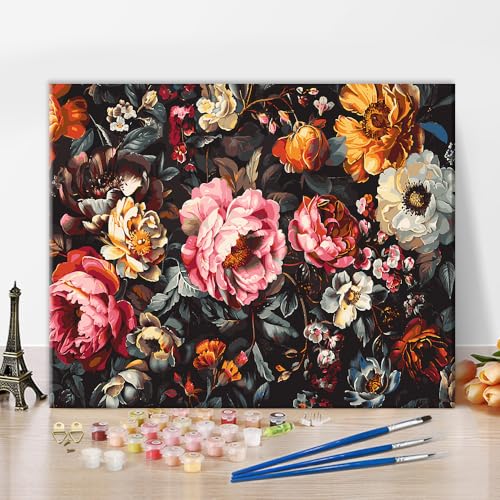 Blumen Erwachsene Malen nach Zahlen Blumen Öl Malen nach Zahlen Kits mit Pinseln Malsets Vintage Blumen Malen nach Zahlen auf Leinwand Erwachsene Handmalerei Kunsthandwerk 16x20 Zoll von ZOZHI