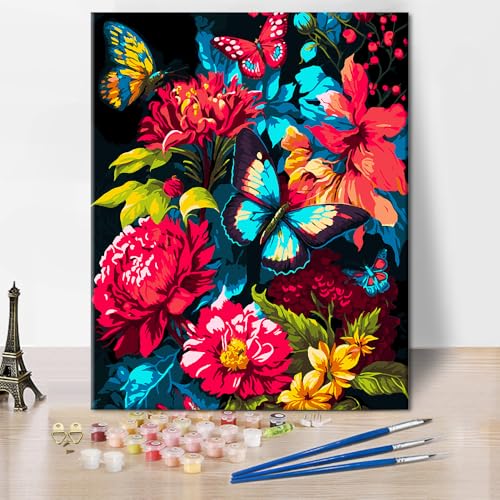 Blumen Malen nach Zahlen-Sets Schmetterling Malkunst auf Leinwand DIY bunte Malen nach Zahlen für Erwachsene für Wohnzimmer Schlafzimmer Wanddekoration 16x20 Zoll von ZOZHI