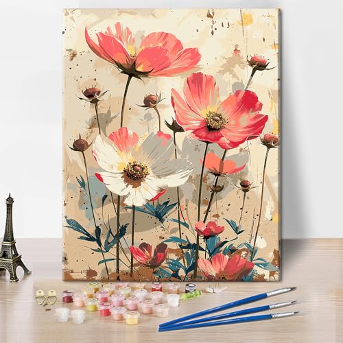 Blumen Malen nach Zahlen für Erwachsene Einfacher Stil Blumen Malen nach Zahlen Kits Einfache Blumen Malen nach Zahlen auf Leinwand Vintage Malen nach Zahlen Kits 16x20 Zoll von ZOZHI