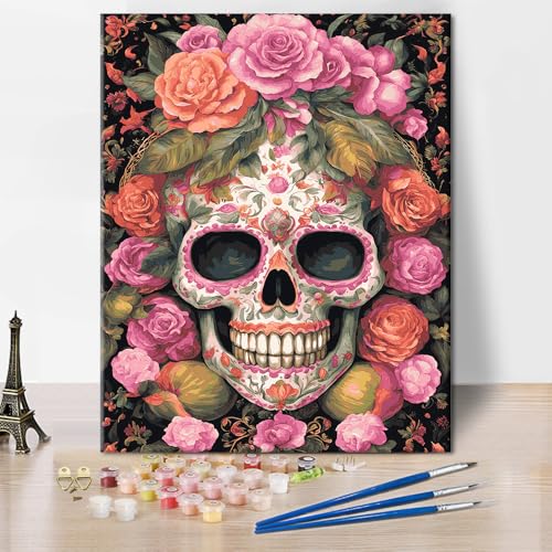 DIY Malen nach Zahlen Set Totenkopf-Gemälde Kunstwerk Modern Erwachsene Malen nach Zahlen Wunderschöne Blumen Malen-nach-Zahlen Kunstwerk 16x20 Zoll Malen nach Zahlen Geschenke für Damen von ZOZHI