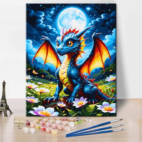 Drache Malen nach Zahlen Kits DIY Drache Malen nach Zahlen mit Pinseln Malerei Drachenbaby auf Leinwand Tiere Malen nach Zahlen Kits für Erwachsene für Wanddekoration 16x20 Zoll von ZOZHI