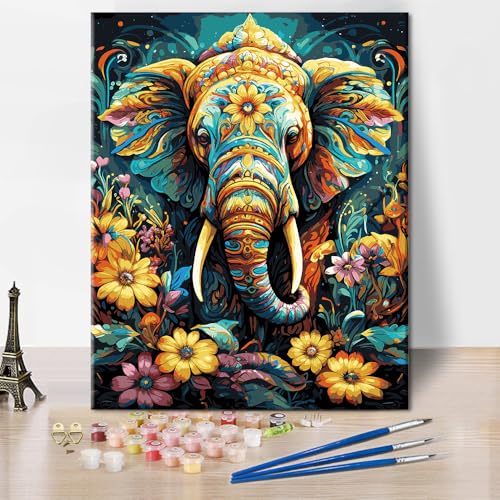 Elefantengott Malen nach Zahlen Kits Moderne Tiere Elefant Malen nach Zahlen für Erwachsene DIY Indische Religion Malen nach Zahlen Kits Blumen Malen nach Zahlen für Erwachsene 16x20 Zoll von ZOZHI