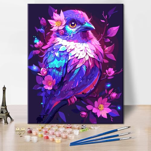 Erwachsene Malen nach Zahlen Kunst Dicker Vogel Malen nach Zahlen DIY Lila Tiermalerei Kunstkits mit Pinsel Malen Einfache Blumen Anfänger Malen nach Zahlen 16x20 Zoll von ZOZHI