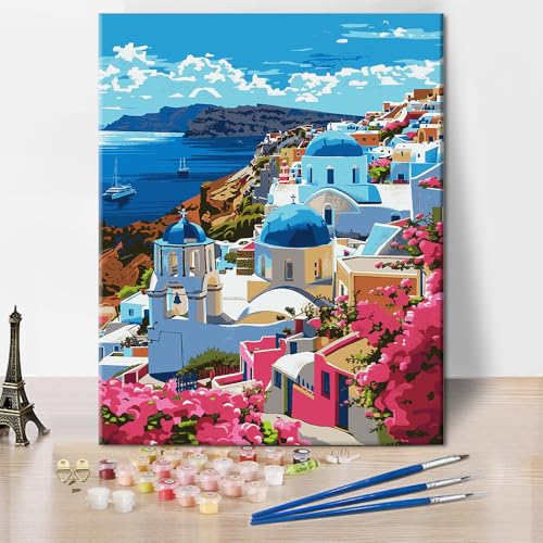 Erwachsene Malen nach Zahlen Santorini Landschaft Malen nach Zahlen Set Modern DIY Küstenstadt Malerei Europäische Landschaft Gemälde Kunstwerk 16x20 Zoll Wandkunst Dekoration für Zuhause von ZOZHI