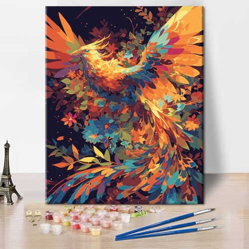 Erwachsene Malen nach Zahlen Tier Malen nach Zahlen für Anfänger DIY Vogel Feuerphönix Malerei Kunst Blume Blätter Malen nach Zahlen Kits Mann Dame Malerei Kits Geschenke 16x20 Zoll von ZOZHI