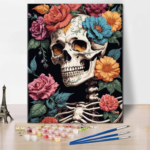 Ewiges Schönes Mädchen Malen nach Zahlen Kits für Erwachsene DIY Blumen-Schädel Malen nach Zahlen Skelett-Mädchen Malen nach Zahlen Kunstwerk auf Leinwand 16x20 Zoll für Wanddekoration zu Hause von ZOZHI