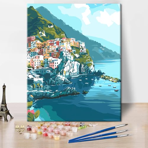 Italien Landschaft Malen nach Zahlen Wunderschöne Amalfi Malen-nach-Zahlen Sets Küstenstadt Muster Kunst auf Leinwand 16x20 Zoll Malen nach Zahlen Heimdekoration für Wohnzimmer Wandkunst von ZOZHI