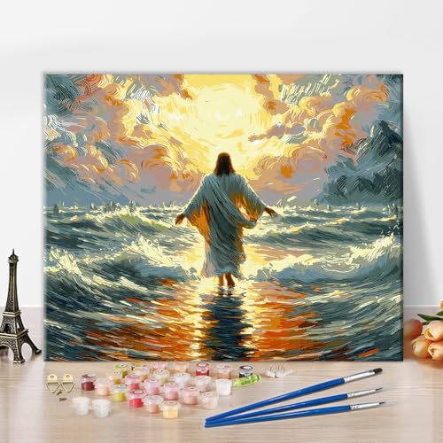 Jesus Malen nach Zahlen Kits für Erwachsene Religiöser Glauben Malen nach Zahlen Sonnen und Meereslandschaft Malen nach Zahlen Wandkunst Jesus Heiliges Licht Malen nach Zahlen Kunstwerke 16x20 Zoll von ZOZHI