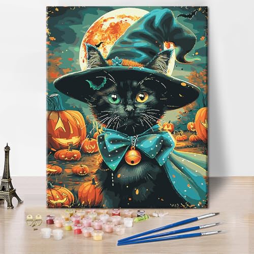 Katze Katze Malen nach Zahlen Kits Halloween Katze Kürbis Malen nach Zahlen auf Leinwand DIY Tiere Ölmalerei Kunsthandwerk für Erwachsene Malerei Kunstwerke Feiertagsgeschenke Kits 16x20 Zoll von ZOZHI