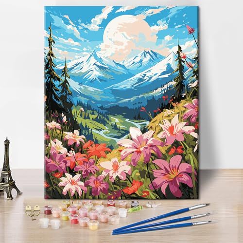 Landschaft Malen nach Zahlen Natur Berge Flüsse Malerei Sonne Wald Malen nach Zahlen Kunstwerk DIY Blumen Zahlenmalerei Kits Erwachsene Anfänger Malerei Kunst 16x20 Zoll. von ZOZHI