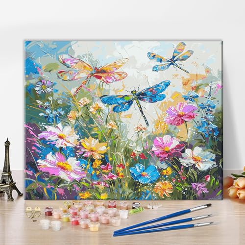 Libelle Malen nach Zahlen Set für Erwachsene Malen nach Zahlen Kunst DIY Wildblumen Unkraut Malen nach Zahlen Kunstwerk Wunderschönes Muster auf Leinwand Malerei 16x20 Zoll von ZOZHI