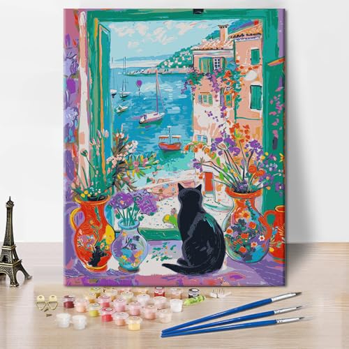 Malen nach Zahlen Set für Erwachsene Tiere Schwarze Katze Malen-nach-Zahlen DIY Küstenstadt Ölgemälde Wunderschöne Bunte Segelboote Blumen Landschaft Malerei Kunstwerk 16x20 Zoll von ZOZHI