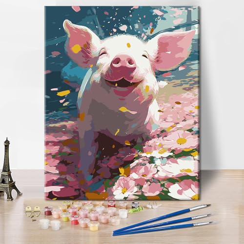 Malen nach Zahlen für Erwachsene DIY Ferkel Malen nach Zahlen Kits Blume Rosa Schwein Malen nach Zahlen Kunstwerk Gänseblümchen Nummer Malerei Kunst Dame Malerei Kits für Wandkunst zu Hause 16x20 Zoll von ZOZHI