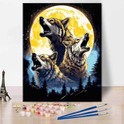 Malen nach Zahlen für Erwachsene DIY Tiere Wolf Muster Malen nach Zahlen Modernes Mondgemälde Kunstdrucke auf Leinwand 16x20 Zoll für Heim Wanddekoration von ZOZHI