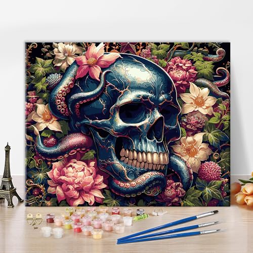 Malen nach Zahlen für Erwachsene Schädel Kopf Malen nach Zahlen Kunst Schlangenschwanz Malerei Kunstwerk DIY Blumenmalerei Kits Mann Dame Wohnzimmer Wanddekoration 16x20 Zoll von ZOZHI