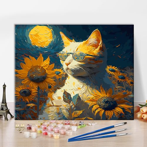 Malen nach Zahlen für Erwachsene mit Tiermotiven abstrakte Malen nach Zahlen Sets moderne Katzen und Blumenmalerei Kunstwerk auf Leinwand DIY Sonnenblumen Malen nach Zahlen Set Mondmalerei 16x20 Zoll von ZOZHI