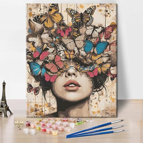 Maskenmädchen Malerei Kunstwerk Malen nach Zahlen für Erwachsene DIY Vintage Schmetterling Malerei Kunstwerk Sets Schöne Mädchen Malen nach Zahlen 16x20 Zoll Schlafzimmer Dekoration von ZOZHI