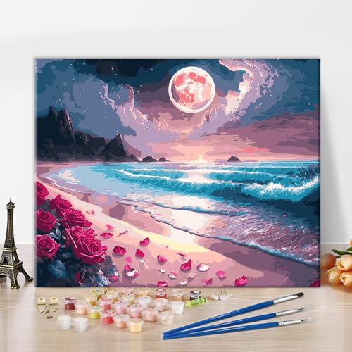 Meereswelle DIY Malen nach Zahlen Meereswelle Blumen Malen nach Zahlen für Erwachsene mit Pinsel Malerei Mond Rose Strand Malen nach Zahlen Kits auf Leinwand Ölmalerei Kunsthandwerk 16x20 Zoll von ZOZHI