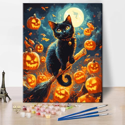 Mond DIY Mond Malen nach Zahlen Kits Tiere Katze Malen nach Zahlen auf Leinwand mit Pinseln Malerei Kunstwerke Kits Halloween Geschenke Malen nach Zahlen für Erwachsene Anfänger 16x20 Zoll von ZOZHI