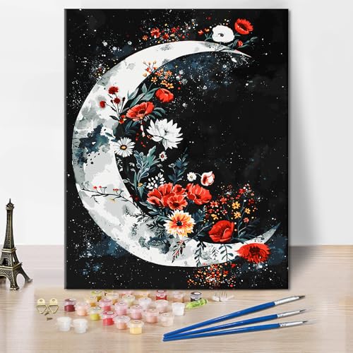 Mond Leinwand Malen nach Zahlen Kits für Erwachsene Blumen Malen nach Zahlen Wandkunst DIY Einfache Malen nach Zahlen Kunstwerke Moderne Malzahlen Geschenke für Männer und Frauen 16x20 Zoll von ZOZHI