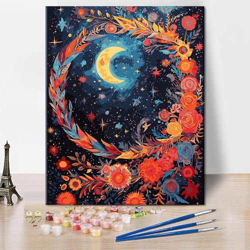 Mond Malen nach Zahlen Mond umgeben von Blumen Malerei Schwarzer Hintergrund Blumen Malerei auf Leinwand DIY Malen nach Zahlen für Erwachsene für Wohnzimmerdekoration 16x20 Zoll von ZOZHI