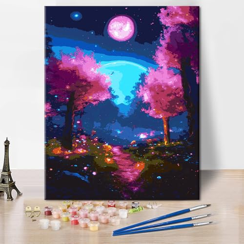 Mond Malen nach Zahlen Nachtwald Malen nach Zahlen DIY Schönes Mondlicht Malen nach Zahlen für Erwachsene Landschaft Malen nach Zahlen Kits 16x20 Zoll Leinwand Malerei Kits Geschenke von ZOZHI