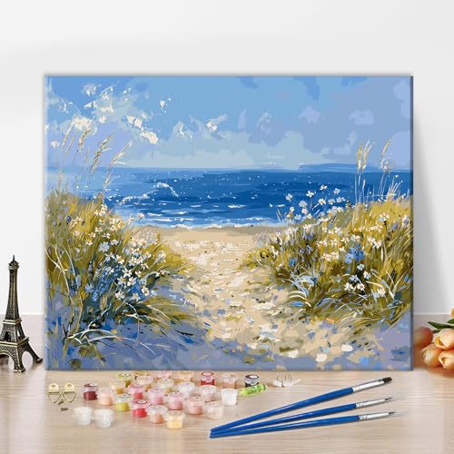 Natürliche Landschaft Malen nach Zahlen Kits für Erwachsene Strandlandschaft Malen nach Zahlen Unkraut Wildblume Gänseblümchen Malen nach Zahlen DIY Landschaft Malen Zahlen auf Leinwand 16x20 Zoll von ZOZHI