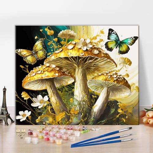 Pilze Malen nach Zahlen für Erwachsene DIY goldgelbe Pilze Blumen Schmetterlinge Malen nach Zahlen Kunstwerke auf Leinwand Malen nach Zahlen für Männer und Frauen Malerei-Sets 16x20 Zoll von ZOZHI