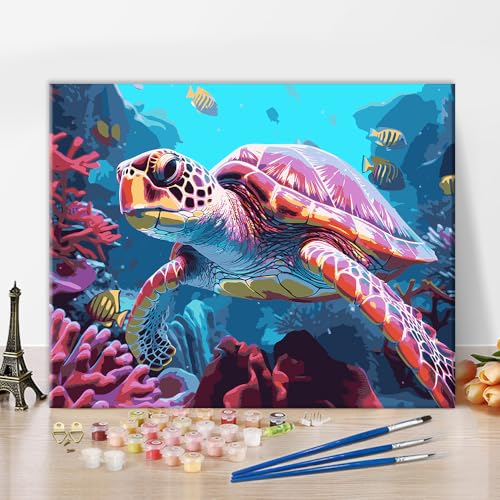 Schildkröte Malen nach Zahlen DIY Ozeanwelt Malerei Kunstwerk Tiefsee Landschaft Malen nach Zahlen Moderne Malerei Kits für Wohnzimmer Wandleinwanddekoration 16x20 Zoll von ZOZHI