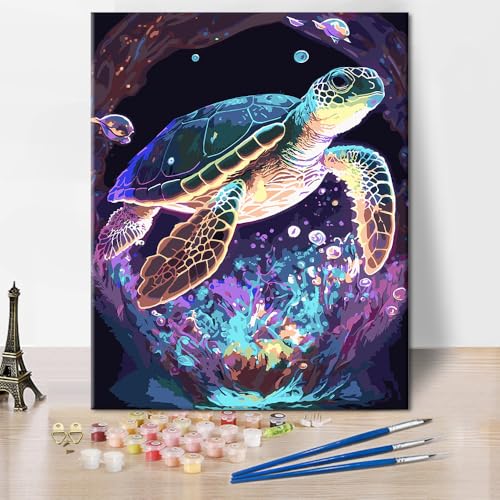 Schildkröte Malen nach Zahlen Kunst Meeresorganismen Malerei-Sets Seetang Korallen Malen nach Zahlen Kunst Unterwasserwelt Malerei für Männer und Frauen Wohnzimmer Schlafzimmer Dekoration 16x20 Zoll von ZOZHI