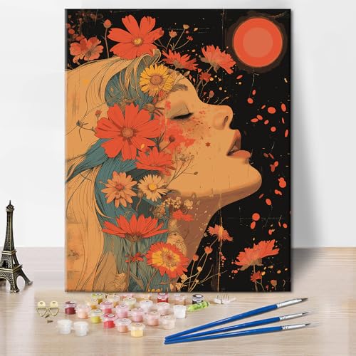 Schönes Mädchen Malen nach Zahlen Mädchen Seitenansicht Malen nach Zahlen Kits für Erwachsene Anfänger Leichtes Malen nach Zahlen Kunstwerk DIY Blumen Mond Malerei auf Leinwand 16x20 Zoll von ZOZHI