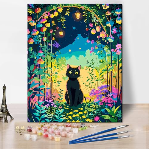 Schwarze Katze Malen nach Zahlen Tier Garten Landschaft Kits DIY Malen nach Zahlen für Anfänger Mädchen Lustige Zahlen Malerei Geschenke für die Schlafzimmerdekoration 16x20 Zoll von ZOZHI